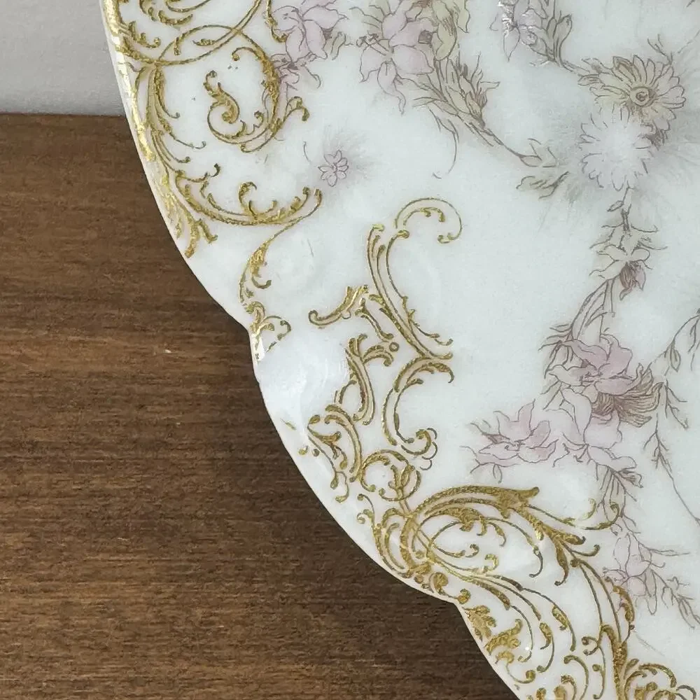 Antique Haviland Limoges H&Co France Pink Floral Gold Scalloped Dinner Plate